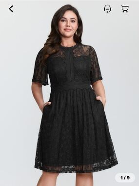 BloomChic Black Lace Midi Dress with Short Sleeves